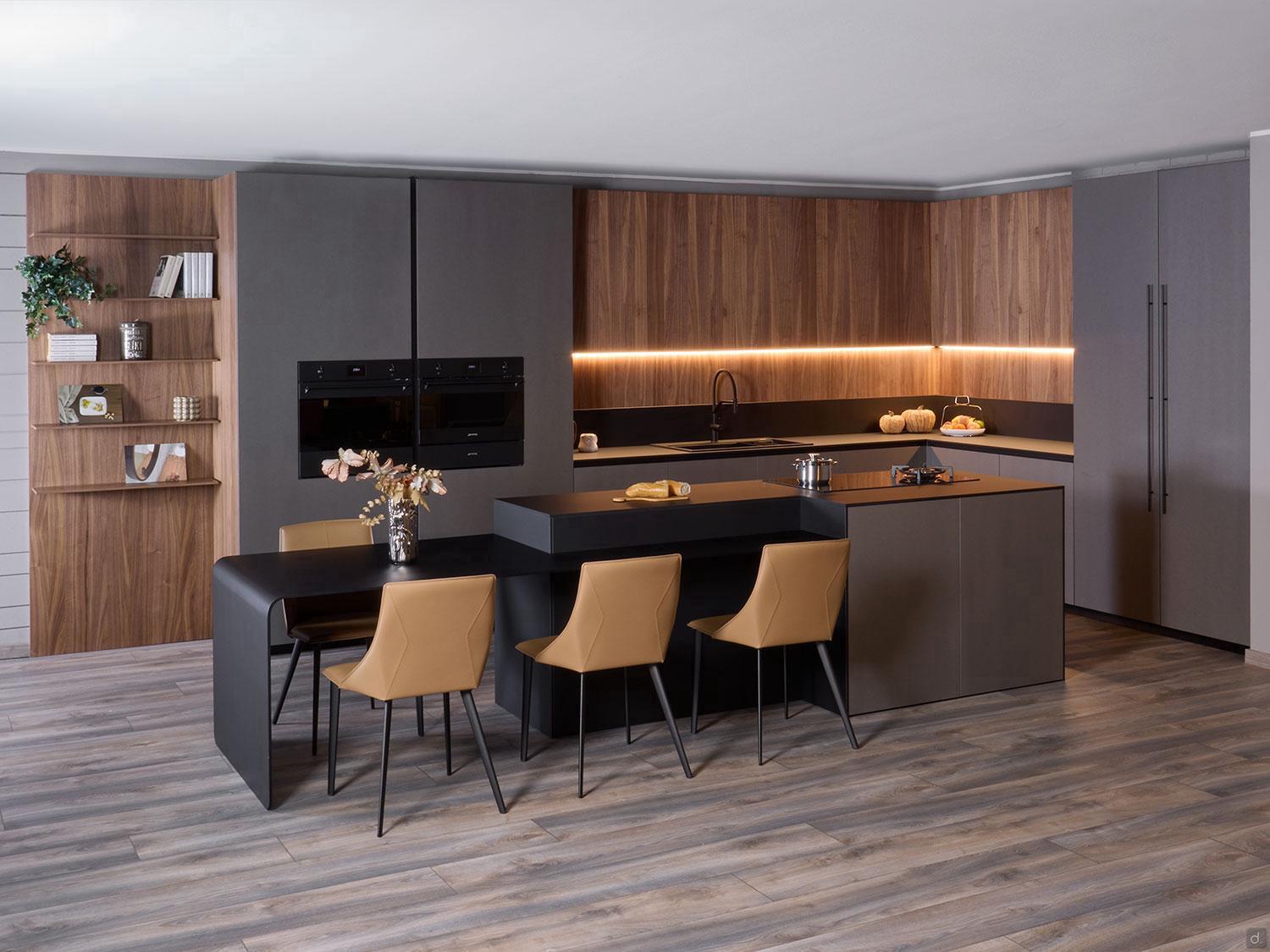 ORDER Kitchen Furniture’s Modern Kitchens in Yerevan feature dark cabinets, wood accents, under-cabinet lighting, built-in ovens, a black island with four tan chairs, open shelving with plants and decor, and light wood floors.
