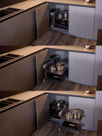 Three images display the Modern Kitchens corner cabinet by Kitchen Furniture, featuring a sleek pull-out shelf system for organized cookware and pots, all designed with a minimalist, modern aesthetic.