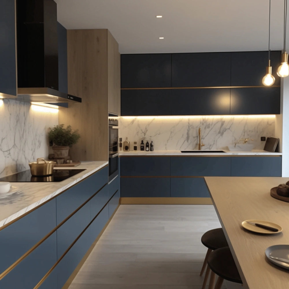 Urban Kitchens by ORDER Kitchen Furniture: a modern space with navy blue cabinets, marble countertops, wooden accents, pendant lights, custom furniture, and a dining area with wooden stools—ideal for Yerevan's urban homes.