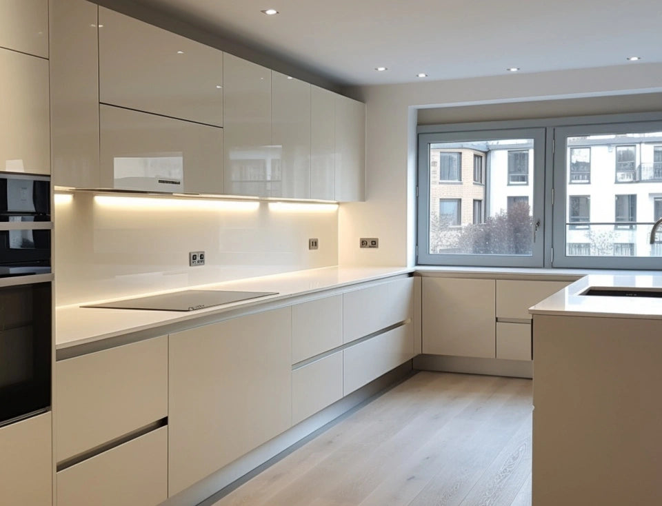 Modern Kitchens by ORDER Kitchen Furniture feature sleek white cabinets, built-in appliances, under-cabinet lighting, a large window, light wood flooring, and custom pieces for a minimalist Yerevan kitchen.