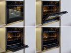 A Modern Kitchens built-in oven by Kitchen Furniture in a Yerevan kitchen is displayed in four stages—fully closed, slightly open, halfway open, and fully open—showing empty racks inside.