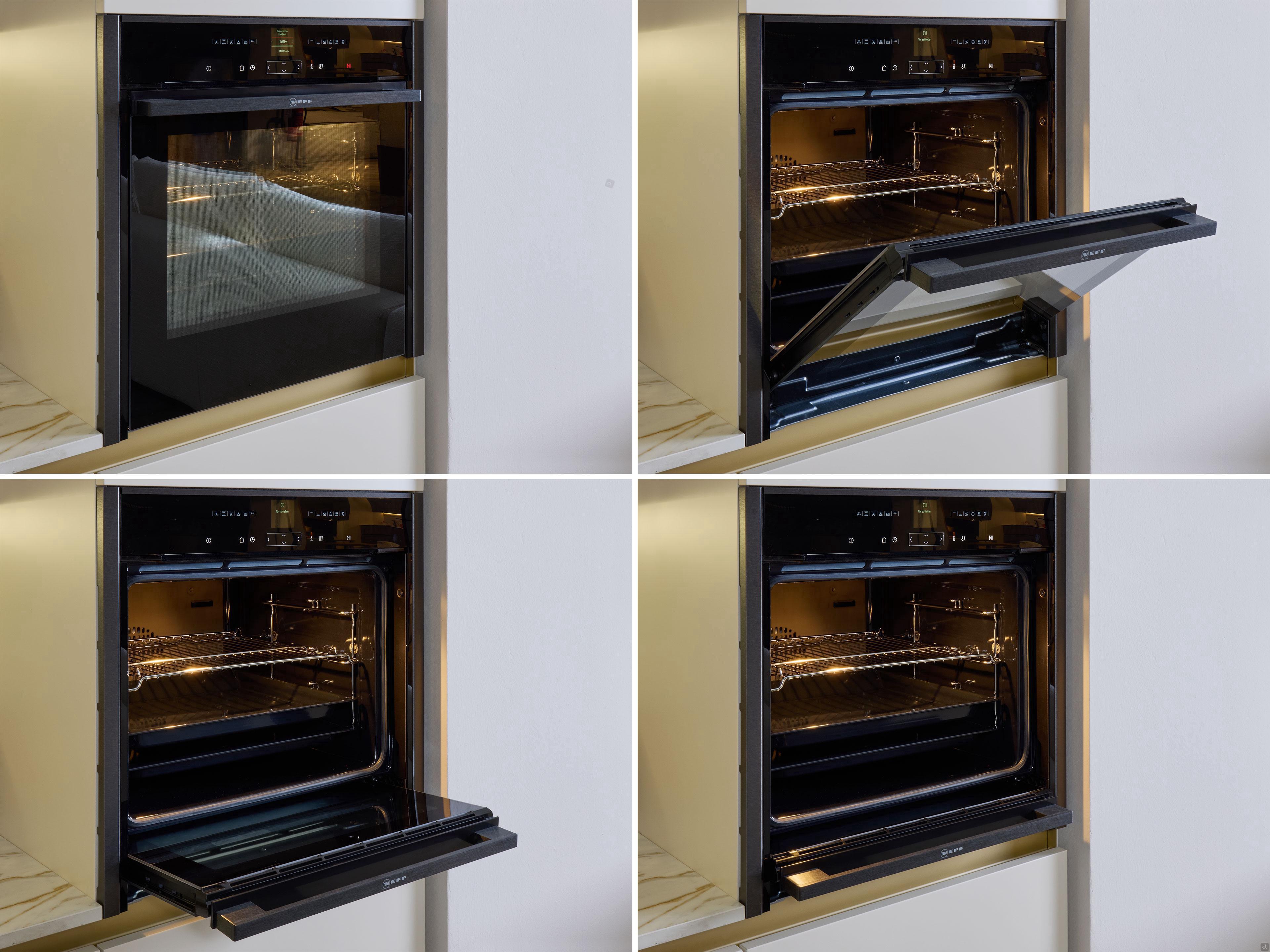A Modern Kitchens built-in oven by Kitchen Furniture in a Yerevan kitchen is displayed in four stages—fully closed, slightly open, halfway open, and fully open—showing empty racks inside.