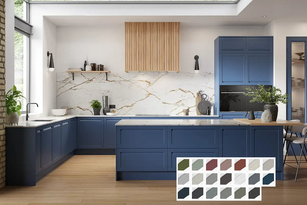 Modern kitchen with matte blue cabinets, marble backsplash, wooden vent hood, and a central island. Stylish kitchen furniture and potted plants accent the space. A color palette swatch is shown in the bottom right corner. Perfect for kitchen cabinets Yerevan.
