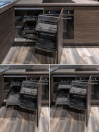Three images display the Urban Kitchens corner cabinet by ORDER Kitchen Furniture, featuring a dark wood finish and pull-out metal shelves—ideal for custom urban kitchens in Yerevan—shown in different open positions on a wood-patterned floor.