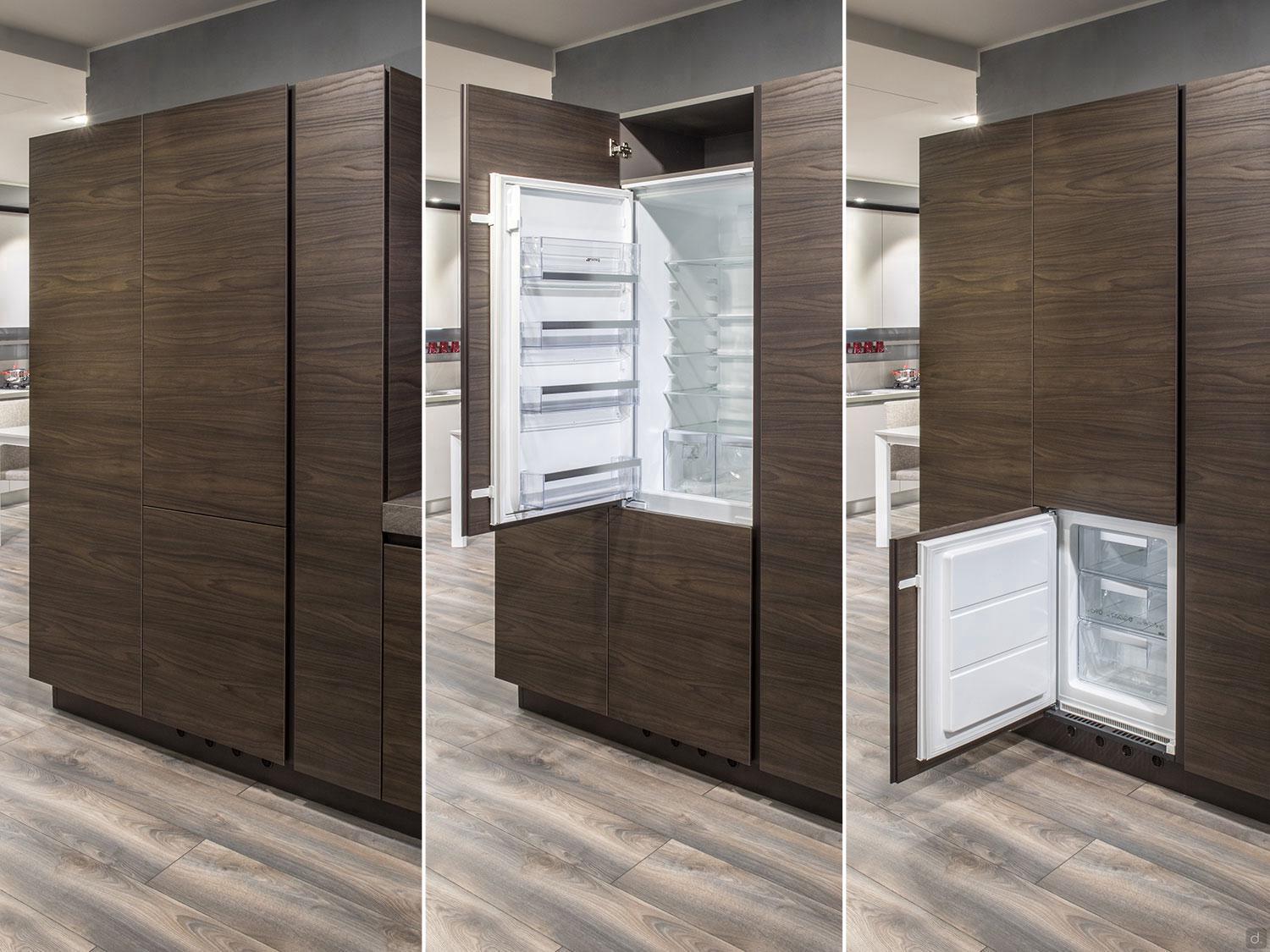 The Urban Kitchens line by ORDER Kitchen Furniture showcases tall, wood-finished cabinets with a seamlessly built-in refrigerator and freezer, offering custom storage solutions perfect for contemporary urban kitchens in Yerevan.