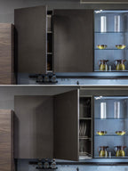 Two images of Urban Kitchens by ORDER Kitchen Furniture: the top shows the left brown cabinet door slightly open with books inside, and the bottom displays fully opened shelves with plates—ideal for stylish urban kitchens in Yerevan.