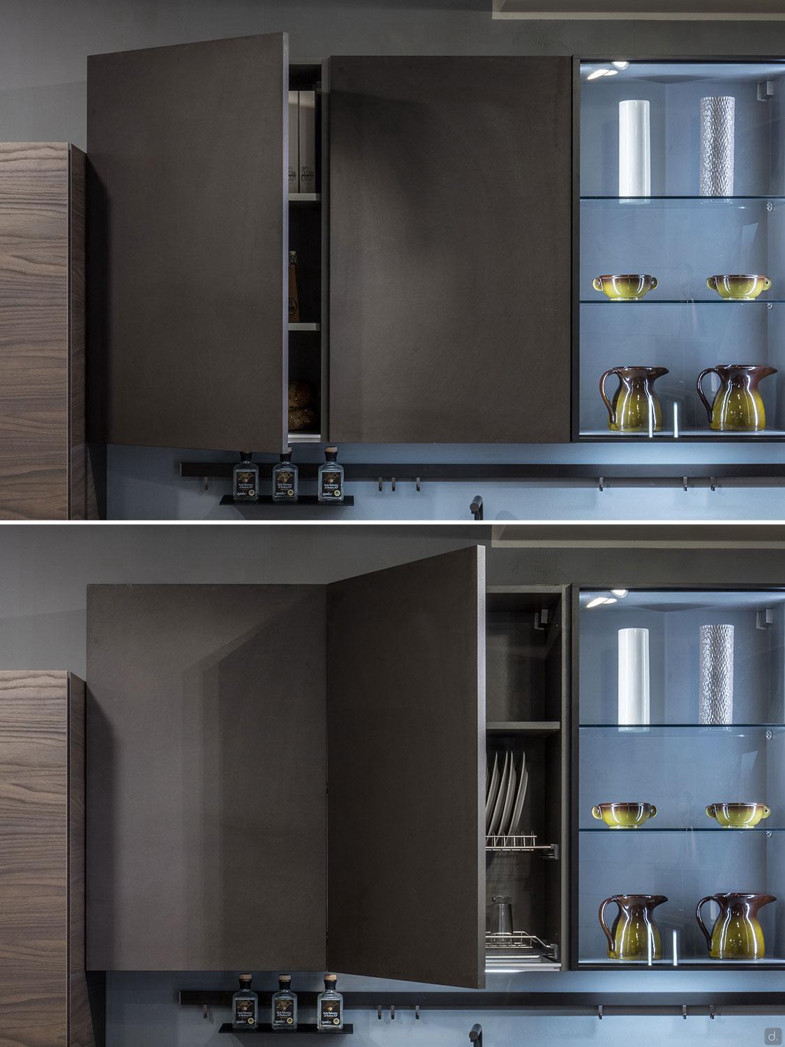Two images of Urban Kitchens by ORDER Kitchen Furniture: the top shows the left brown cabinet door slightly open with books inside, and the bottom displays fully opened shelves with plates—ideal for stylish urban kitchens in Yerevan.