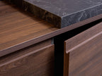 Close-up of Urban Kitchens by ORDER Kitchen Furniture: custom cabinets in dark wood with a black marble countertop, featuring a handle-less, smooth minimalist design—perfect for modern Yerevan homes.