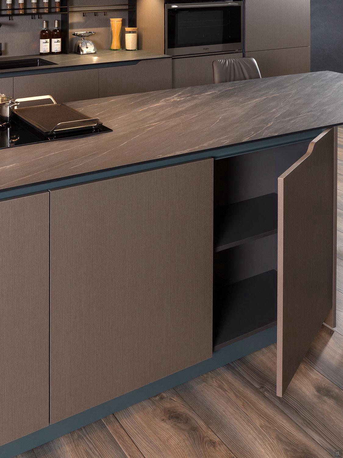 A modern kitchen featuring ORDER Kitchen Furniture’s Urban Kitchens: brown custom cabinets, a dark countertop, and an open door showing two shelves inside. The wood floor complements the industrial furniture and appliances in the Yerevan setting.