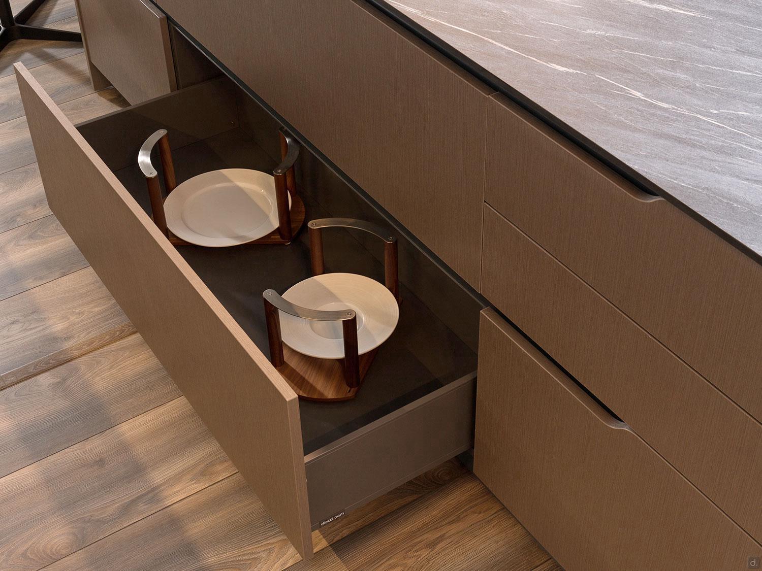 A partially open drawer from Urban Kitchens by Kitchen Furniture reveals two upside-down stools stacked on two white plates, set in a sleek cabinet with a marble countertop, perfect for modern urban kitchens.